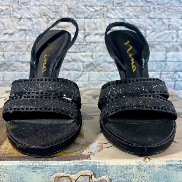 Nina Black Satin Rhinestone Stilettos Open Toe Evening Wear Womens Size 6 - Picture 4 of 10